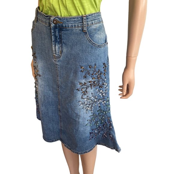 Mango Vintage Bead Applique Jean Skirt 33x25 5 pockets Cotton Stretch Medium - Picture 5 of 17
